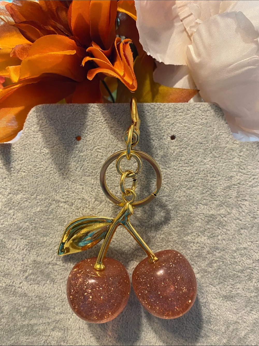 Gold-Tone Sparkling Pink Cherry Pendant Keychain or Purse Charm